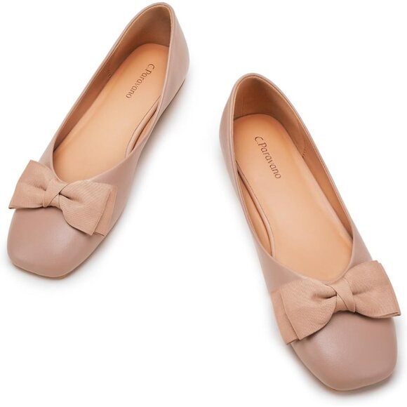 Women's Dark Tan Leather Square Toe Flats Ballet Loafers Layered Bow Shoes